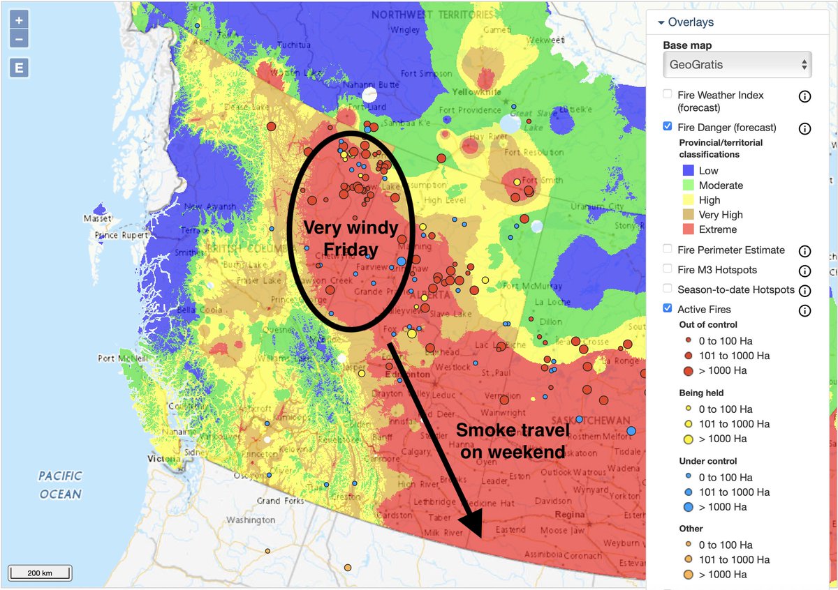 Smoky weekend possible for much of Alberta...

Very windy Friday will contribute to extreme fire danger and rapid spread of fires in northeast BC.

Smoke generated by these fires will spread southeastward through Alberta on the weekend. 😷 #yyc #yeg