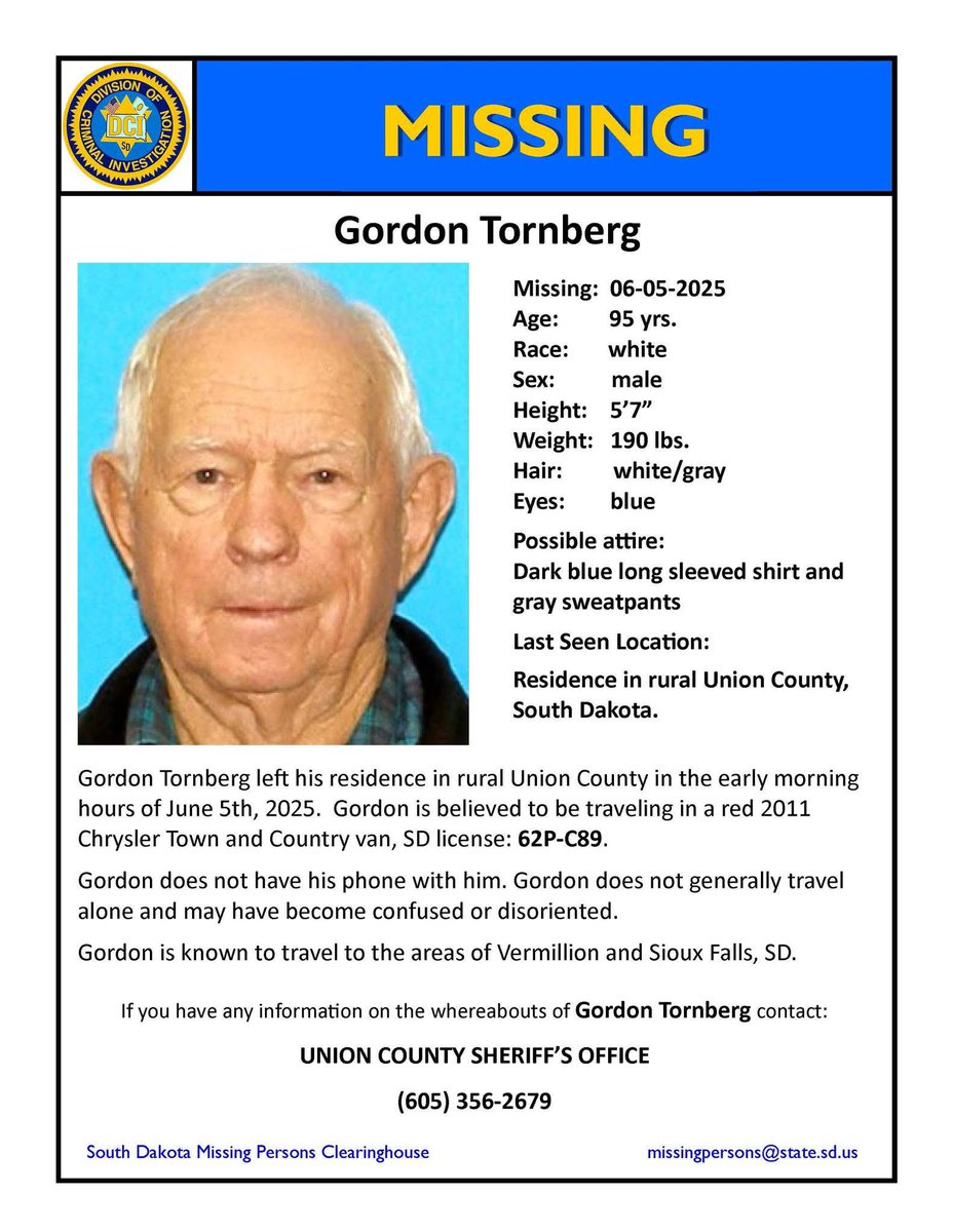 🚨MISSING: Gordon Tornberg, 95, last seen June 5 in rural Union Co., SD. May be driving red 2011 Chrysler van (SD plate: 62P-C89). Possibly disoriented. Info? Call Union Co. Sheriff: (605) 356-2679.
