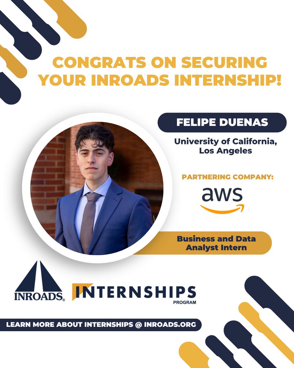 🎉 Congrats Felipe on securing your internship with <a href="/awscloud/">Amazon Web Services</a> as a Business and Data Analyst Intern!

Learn more about INROADS opporuntities ➡️ INROADS.org

#Internshipopportunities #INROADSintern #INROADS #jobopportunities #nonprofit