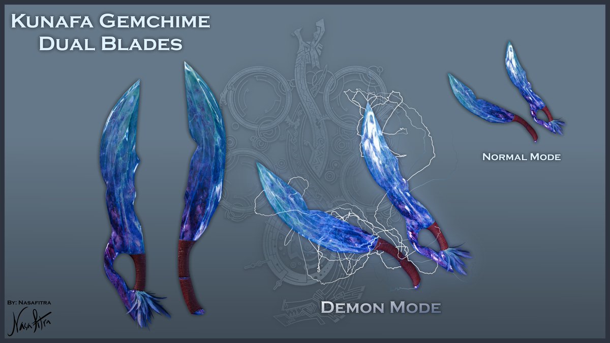 It took me way longer than I'd like to admit to finish this... anyways tho... ehm.

Behold the Gemchime Dual Blades from Kunafa Village!

#MHWilds #WeaponEntry