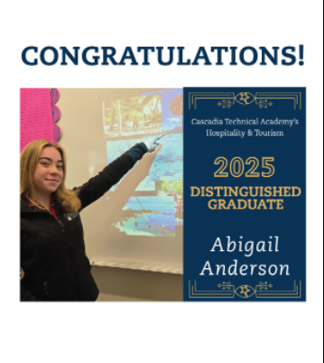 🎉Abigail Anderson is the Hospitality &amp; Tourism Distinguished Graduate! ⭐Abigail is a highly passionate and knowledgeable individual who approaches challenges with calmness and confidence. #CascadiaTech #InspiringGreatness #Engineering #EPSInspires @Evergreen Public Schools