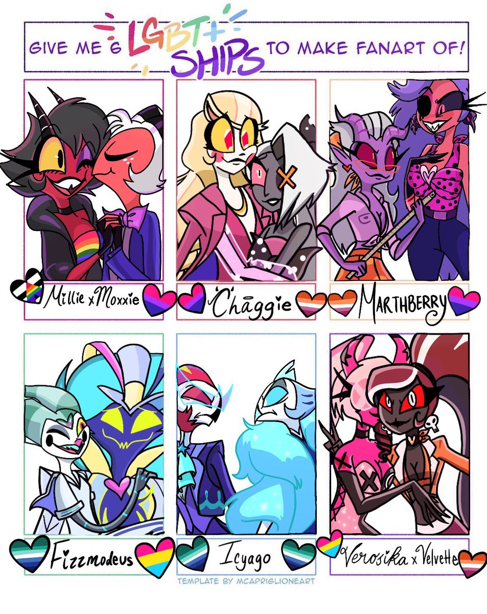 Here are the 6 Hellaverse ships and couples! Feel free to suggest more ships or couples for me to draw for pride!