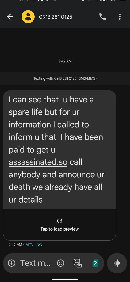 CyptoMowa's tweet photo. @PoliceNG I received a treat on my life from unknown number. With phone number +234 913 281 0125 @BenHundeyin @Princemoye1 
Please, kindly treat as urgent. https://t.co/m32NNCG3cz