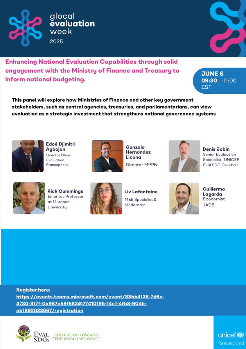Gonzalo Hdz. Licona (@ghlicona) on Twitter photo We have a #glocal2025 event 6 June, 9:30am NYC / 7:30am Mexico. The importance of linking evaluation units with ministry of finance and treasury <a href="/GEI_GlobalEval/">Global Evaluation Initiative</a> <a href="/livlafontaine/">Liv Lafontaine</a> <a href="/ClearFA_CESAG/">CLEAR Afrique francophone - CESAG</a> <a href="/UNICEF/">UNICEF</a>
<a href="/el_BID/">Banco Interamericano de Desarrollo</a>
Register here:
events.teams.microsoft.com/event/88bb4138… We have a #glocal2025 event 6 June, 9:30am NYC / 7:30am Mexico. The importance of linking evaluation units with ministry of finance and treasury <a href="/GEI_GlobalEval/">Global Evaluation Initiative</a> <a href="/livlafontaine/">Liv Lafontaine</a> <a href="/ClearFA_CESAG/">CLEAR Afrique francophone - CESAG</a> <a href="/UNICEF/">UNICEF</a>
<a href="/el_BID/">Banco Interamericano de Desarrollo</a>
Register here:
events.teams.microsoft.com/event/88bb4138…