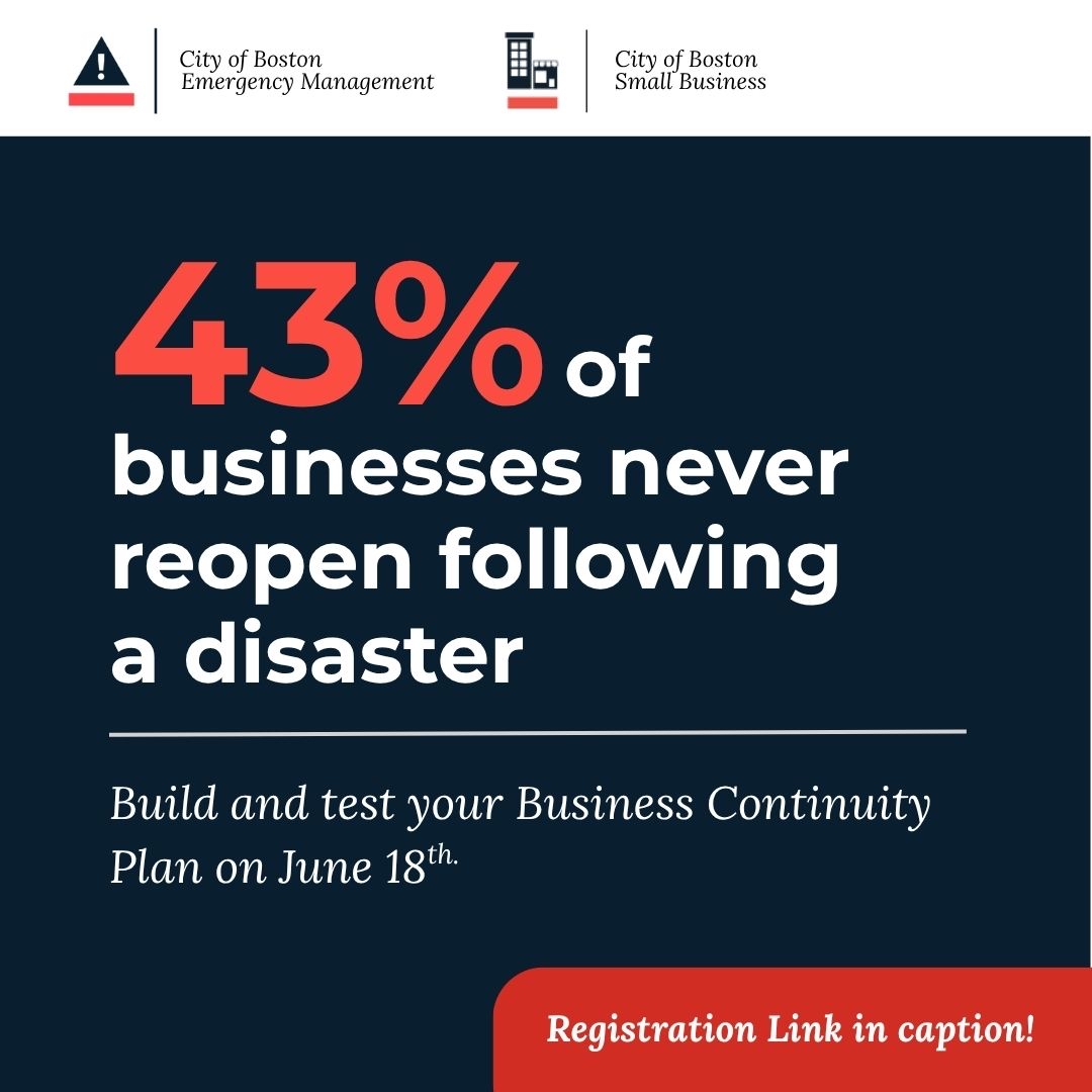 43% of businesses never reopen after a disaster, but yours can be ready.

On June 18 at 11 AM attend the City’s free hybrid Business Continuity Training to help you prepare, stay open during disruptions, and recover quickly. #ReadyBoston

Register Now: forms.gle/pSvd33ZexNBtD1…