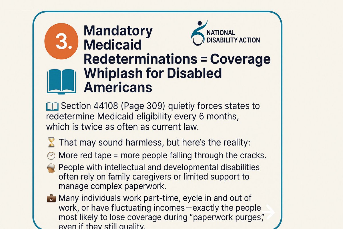 ndisabilityact's tweet photo. 🚨 H.R.1 (“The Big Beautiful Bill”) passed the House &amp; is headed to the Senate.

Electeds say it doesn’t cut Medicaid—but we read the bill. It buries brutal attacks on disability services in 1,000+ pages of legal jargon.

Here’s what’s hidden inside: 🧵 https://t.co/paHHo4IPB9