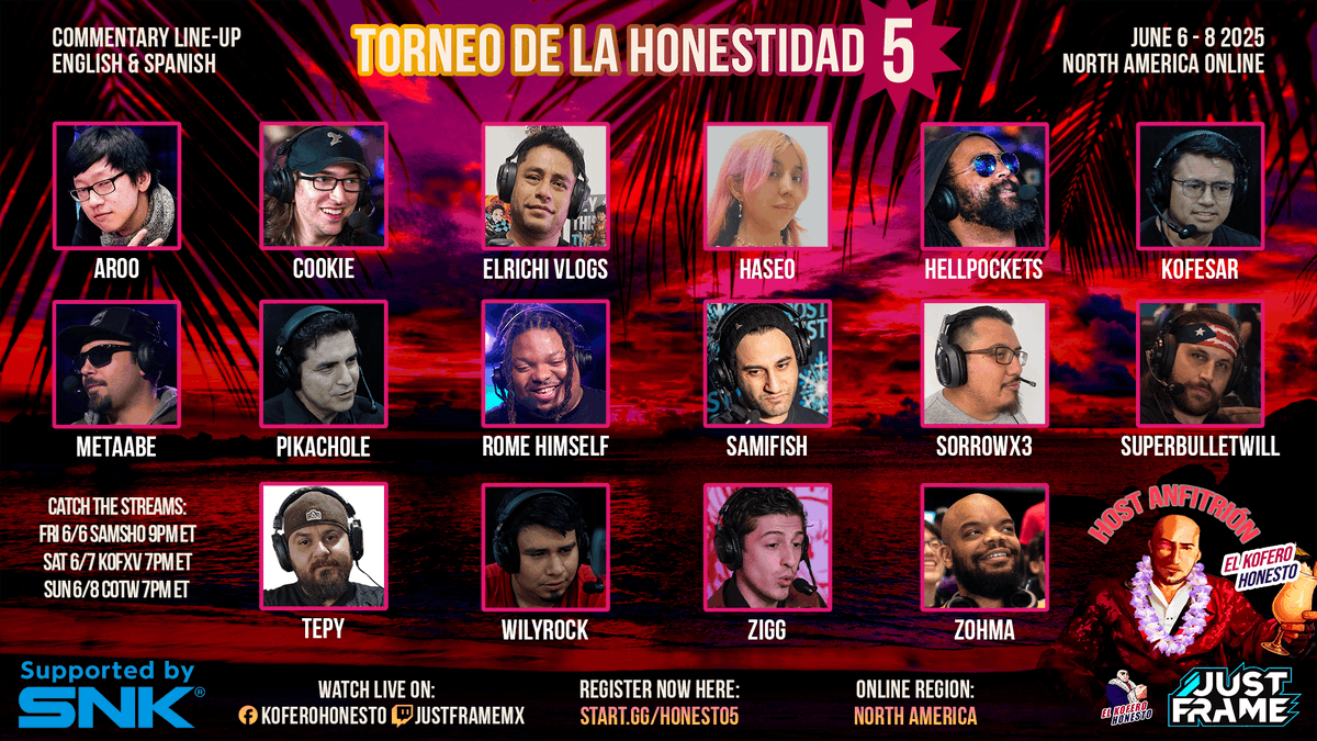 TOURNAMENT OF HONESTY 5
🎙️Commentary Line-Up🎙️

Here is the talent on the mic for this weekend's special biannual massive online event with 2-time SNK World Championship finalist <a href="/KoferoHonesto/">LEV | KoferoHonesto</a>!

#SAMSHO Friday, #KOFXV Saturday, #CotW Sunday. The 3 champions will receive prizes