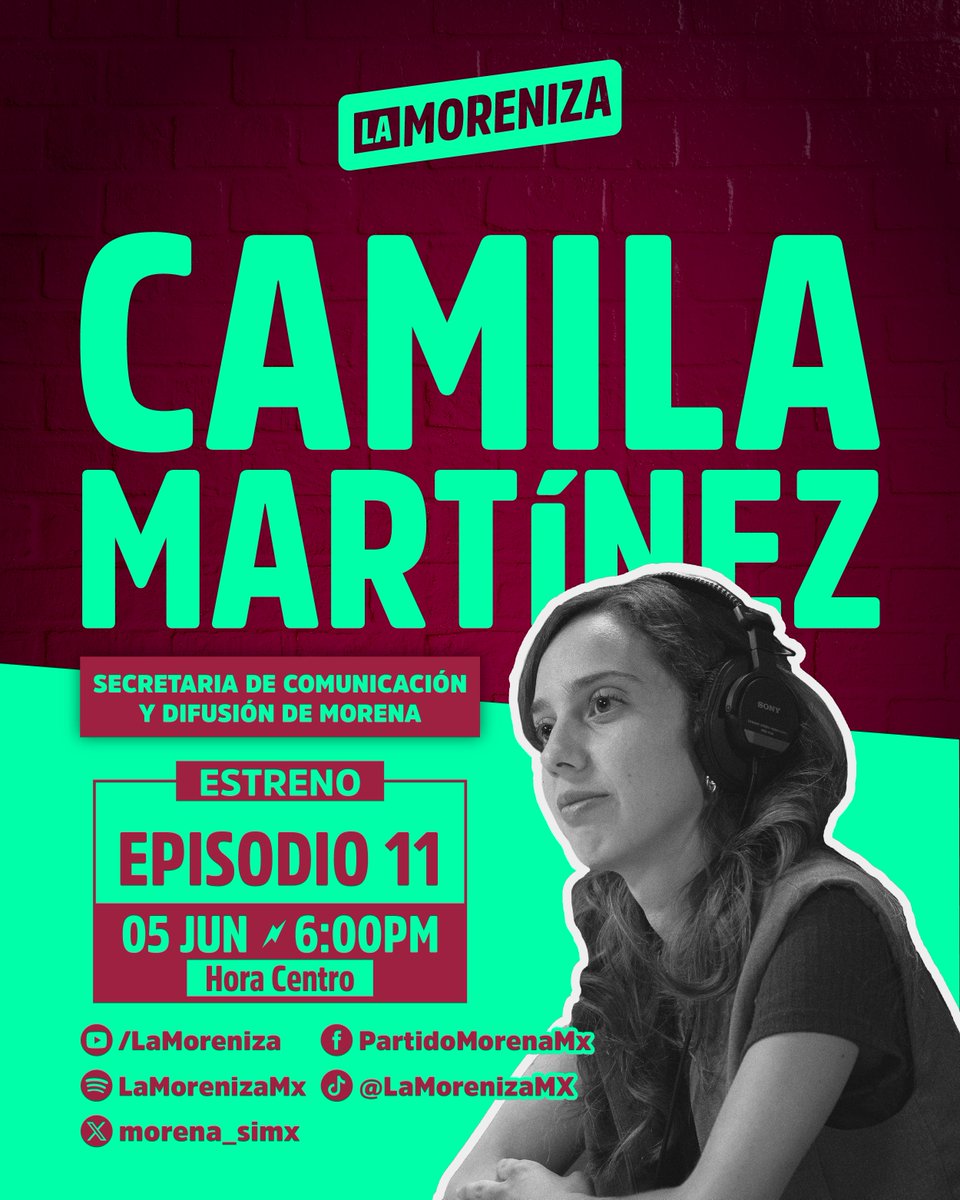 Morena (@partidomorenamx) on Twitter photo ¡Tendremos un gran programa el día de hoy y no te lo quieres perder!
Nuestra secretaria de Comunicación, <a href="/SoyCamMartinez/">Cam Martínez</a>, participó en el episodio 11 de La Moreniza, junto con <a href="/LuisaAlcalde/">Luisa Alcalde</a> , Presidenta Nacional y <a href="/amlopezbeltran/">Andres Manuel Lopez Beltran</a> , secretario de Organización.
¡Acompáñanos el ¡Tendremos un gran programa el día de hoy y no te lo quieres perder!
Nuestra secretaria de Comunicación, <a href="/SoyCamMartinez/">Cam Martínez</a>, participó en el episodio 11 de La Moreniza, junto con <a href="/LuisaAlcalde/">Luisa Alcalde</a> , Presidenta Nacional y <a href="/amlopezbeltran/">Andres Manuel Lopez Beltran</a> , secretario de Organización.
¡Acompáñanos el