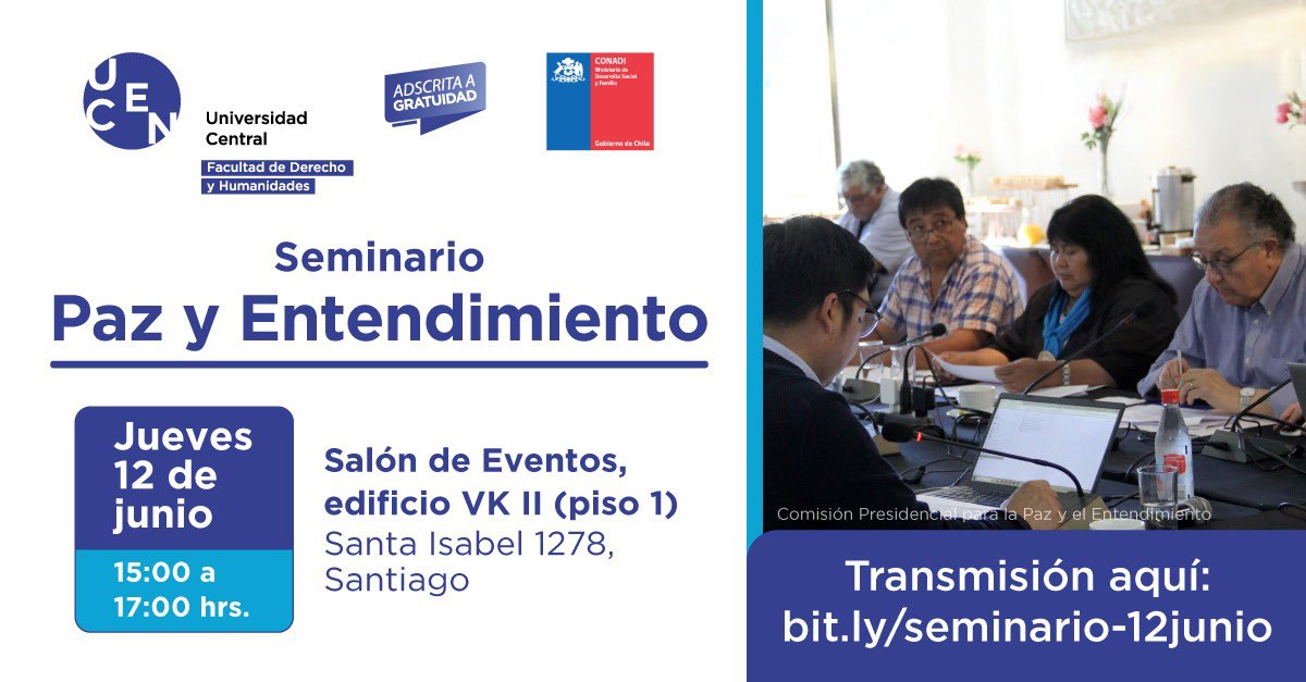 🗓️ Este 12 de junio, no te pierdas el seminario “Paz y Entendimiento”, coorganizado con <a href="/CONADI_Gob/">CONADI</a> 

🎙️ Participan Huenchumilla, Carmen Gloria Aravena, Álvaro Morales, Rosa Catrileo y Verónica Figueroa.
Modera: Sergio Fuenzalida
¡Te esperamos!
