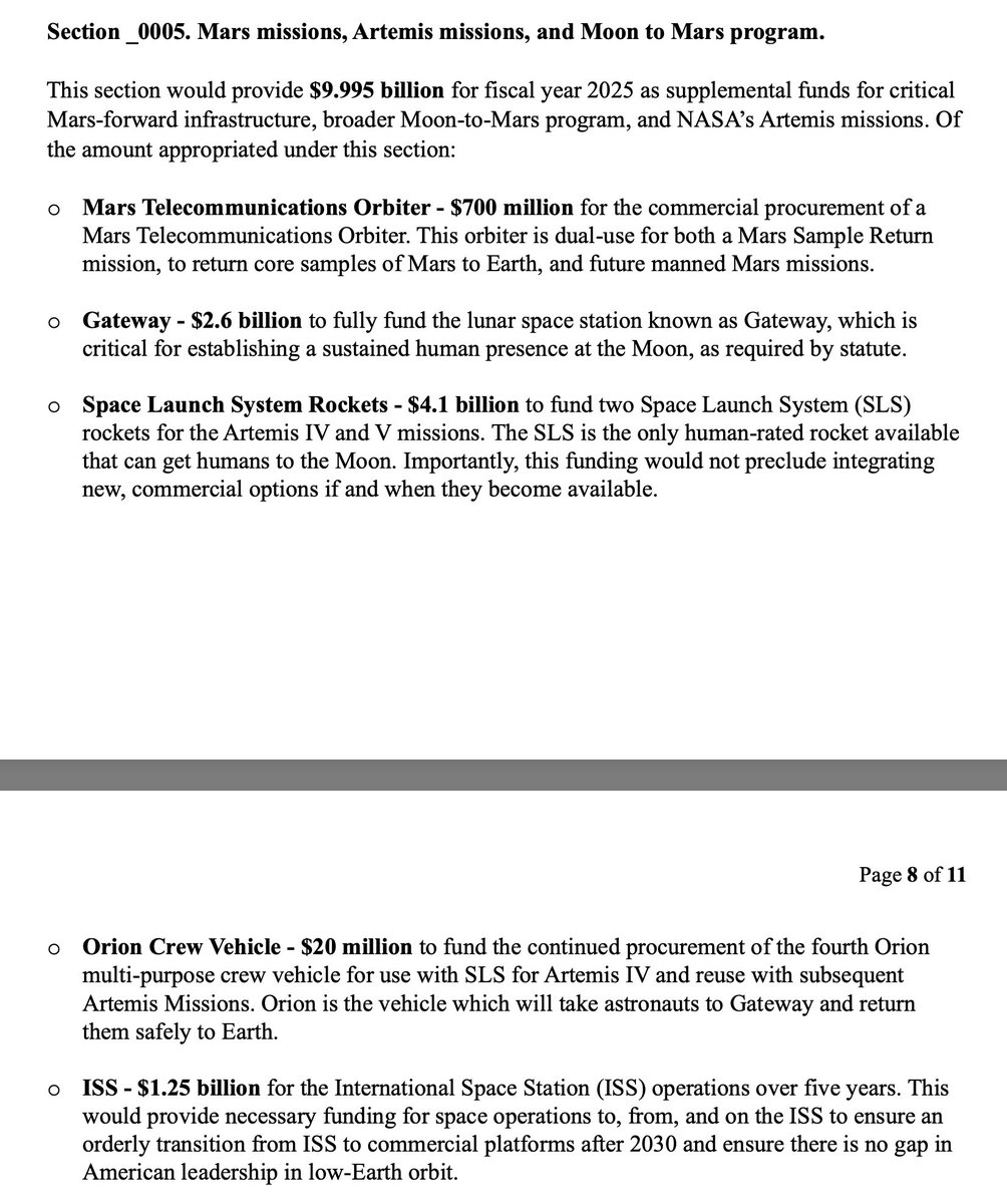 La commission sénatoriale du commerce a réintroduit le financement intégral de la station lunaire Gateway, ainsi que des fonds pour SLS et Orion pour les missions Artemis 4 et 5. Ils ont également alloués 1,25 milliard de dollars à l'ISS.