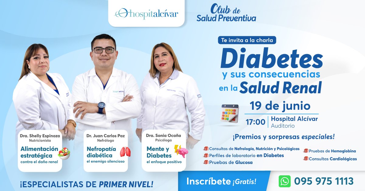 ¿Tienes diabetes o conoces a alguien que la padece?
Entonces esta charla puede ayudarte a prevenir un daño silencioso en tus riñones.

🩺 El Club de Salud Preventiva del Hospital Alcívar te invita a una charla GRATUITA sobre:

💬 Diabetes y sus consecuencias en la Salud Renal

📅