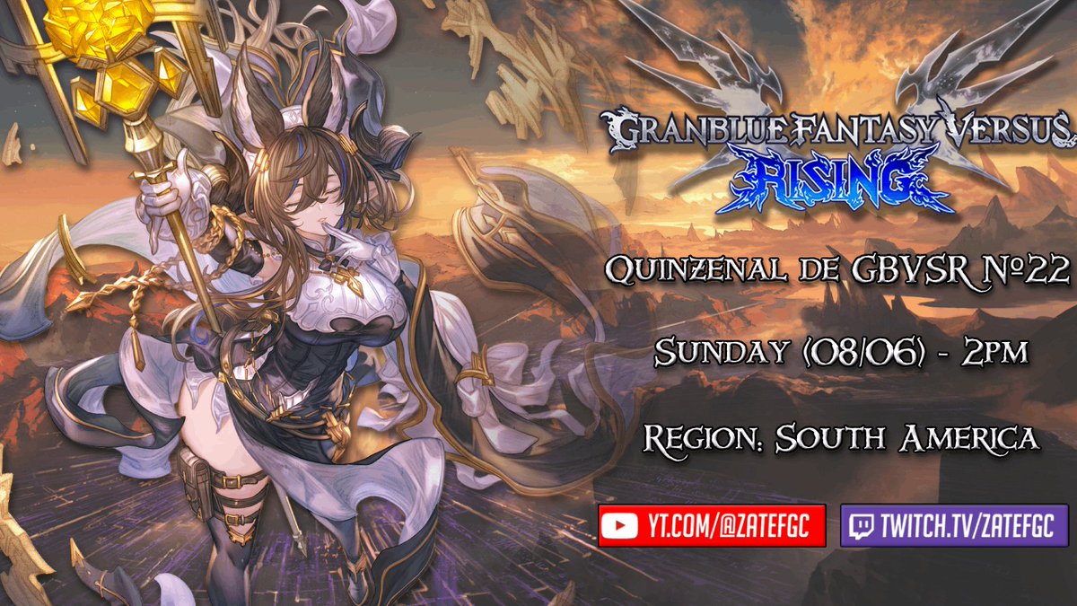 AdK I Zate (@zatefgc) on Twitter photo Quinzenal de GBVS Rising Nº22, inscrições abertas!
Data: 08/06 (Domingo) às 14h (UTC-3)
Inscrição: challonge.com/qgbvsr22
Discord: discord.gg/hW7TpdUdqD
📺Zatefgc - Twitch e YT!
Almoça mais cedo e vem pra um granblas no domingão🫵
Teremos premiação da <a href="/nuuvem/">Nuuvem.com</a> e <a href="/gbf_brasil/">Granblue Fantasy BR</a>👀 Quinzenal de GBVS Rising Nº22, inscrições abertas!
Data: 08/06 (Domingo) às 14h (UTC-3)
Inscrição: challonge.com/qgbvsr22
Discord: discord.gg/hW7TpdUdqD
📺Zatefgc - Twitch e YT!
Almoça mais cedo e vem pra um granblas no domingão🫵
Teremos premiação da <a href="/nuuvem/">Nuuvem.com</a> e <a href="/gbf_brasil/">Granblue Fantasy BR</a>👀
