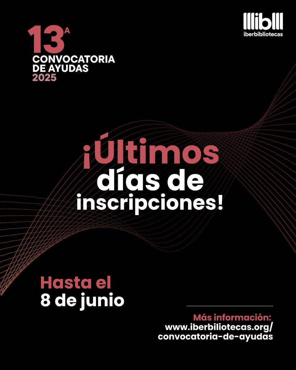 📚¡Ú𝐥𝐭𝐢𝐦𝐨𝐬 𝐝í𝐚𝐬 𝐩𝐚𝐫𝐚 𝐞𝐧𝐯𝐢𝐚𝐫 𝐩𝐫𝐨𝐲𝐞𝐜𝐭𝐨𝐬!

#Bibliotecas públicas y comunitarias, recuerden que ya casi se cierran las inscripciones de nuestra #ConvocatoriaDeAyudas 2025.  

Envío de postulaciones hasta el 8⃣ de junio. 
Bases en iberbibliotecas.org/convocatoria-d…