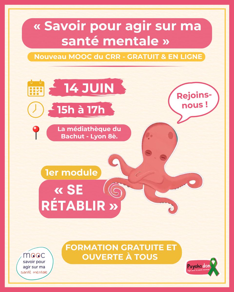 🧠 Le CRR lance son MOOC « Savoir pour agir sur ma santé mentale » !

💡 Gratuit, interactif et ouvert à tous : pro, aidant·e, concerné·e ou simplement intéressé·e.
🎯 Objectif : comprendre, agir, se rétablir.
🐙 Et le poulpe ? RDV le 14 juin 🗓️

👉 Infos &amp; inscription :