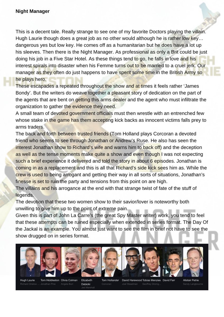 TersectionMag's tweet image. #HughLaurie does a great job although it is tough seeing him play the bad guy #NightManager #Series #Suggestions #Film #BookRecommendation @PreachTer @HopeFirstFilms