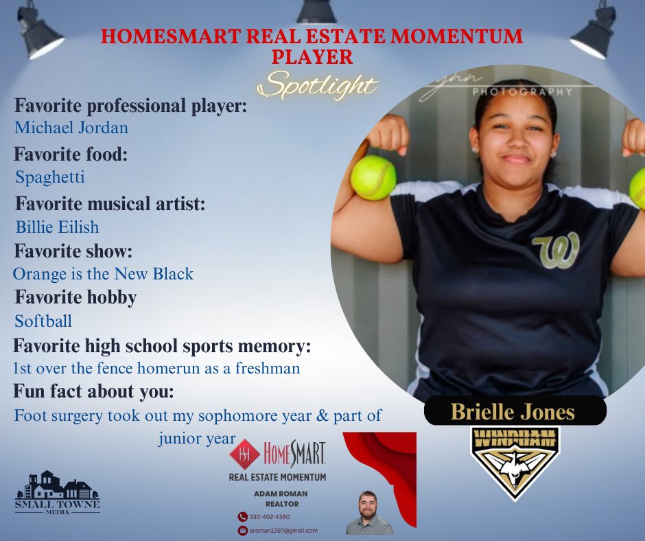 Small Towne Media (@smalltownemedia) on Twitter photo HomeSmart Real Estate Momentum Player Spotlight:
Brielle Jones / 2026 - Windham Bombers
Contact Adam Roman for your home selling & buying needs at 330-402-4390 or aroman1297@gmail.com HomeSmart Real Estate Momentum Player Spotlight:
Brielle Jones / 2026 - Windham Bombers
Contact Adam Roman for your home selling & buying needs at 330-402-4390 or aroman1297@gmail.com