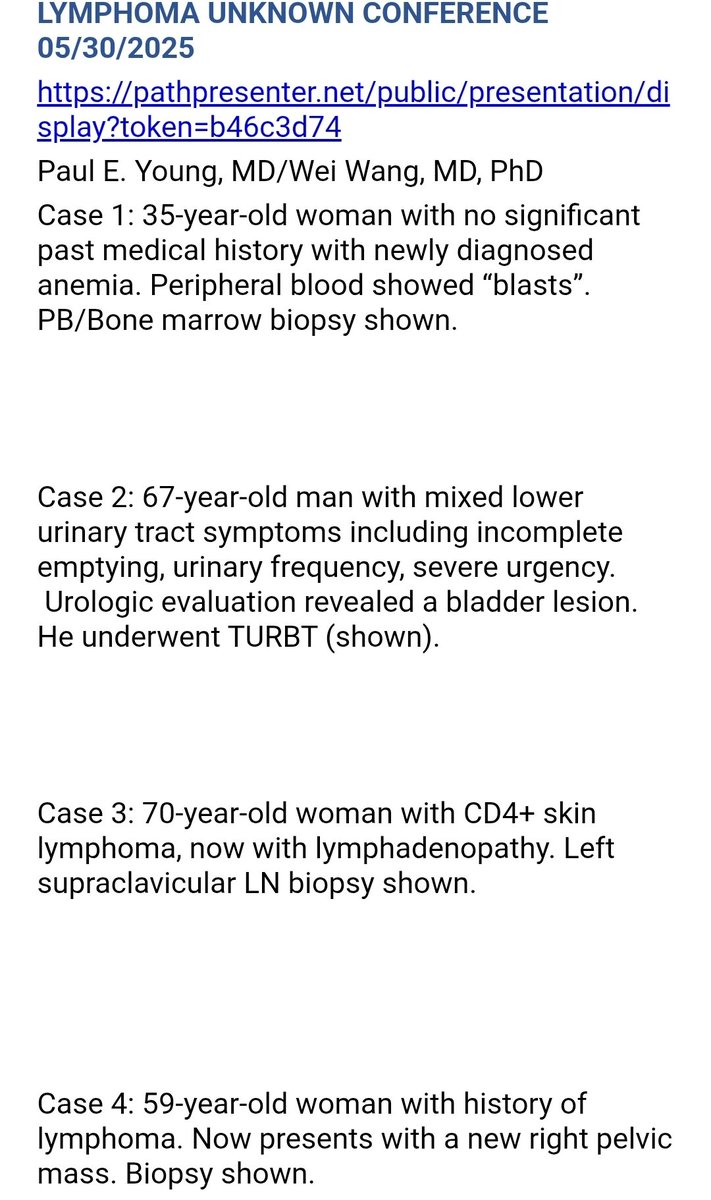 You are invited to join our MDACC Lymphoma Unknown Conference with Dr Wei Wang on Friday, June 6th at 4:00pm CST. Four cases, plus lots of flow cytometry. 

Slides are here: pathpresenter.net/public/present…

Zoom link: mdacc.zoom.us/j/82791971633?…