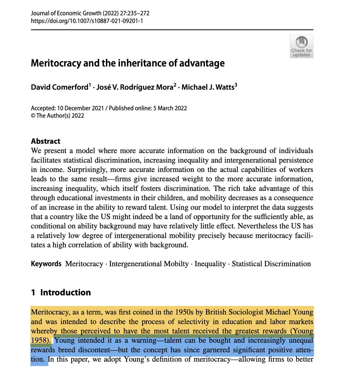 (Youngian) meritocracy often reduces social mobility because wealthy parents invest heavily in their children's education when it reliably predicts success.