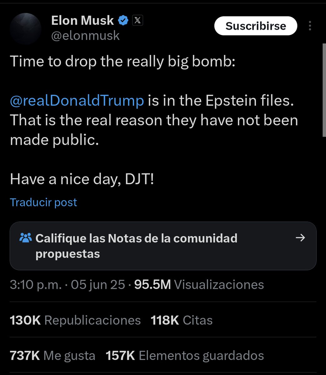 En cuestión de horas, la publicación de Musk contra Trump ya tiene casi 100 millones de visualizaciones.
