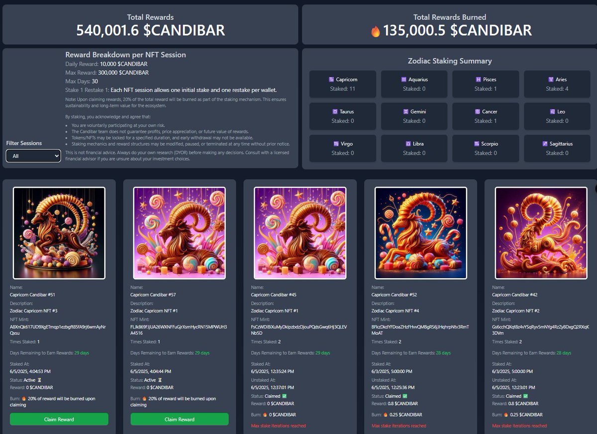 CandiBarnft's tweet photo. 🚨 Attention Zodiac NFT holders!

Your NFTs can now earn you free $CANDIBAR rewards 🎁
No longer just collectibles — they work for you.
🔄 Candibar token utility now meets NFT utility —
 Stake to earn, redeem to burn ♻️

Start staking: https://t.co/arvI60iWUy
⚠️ Not financial advice. DYOR.
#CANDIBAR #NFTStaking #SolanaNFT #ZodiacNFT #Web3Utility