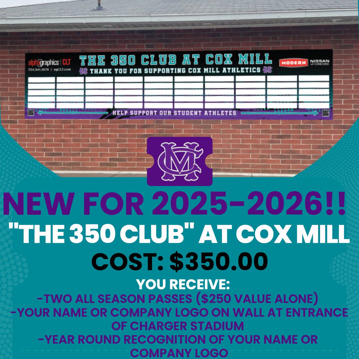 Exciting News for Charger Families &amp; Cox Mill Community!

We’re proud to announce the launch of “The 350 Club” at Cox Mill High School.

📅 Registration opens this Monday June 9th 

🎯 Only 50 spots available!