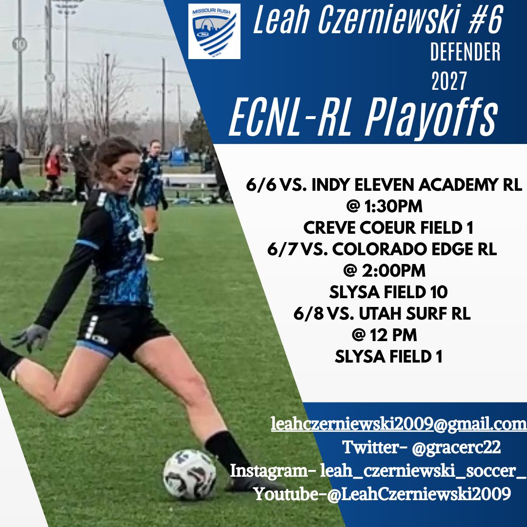 ECNL-RL Playoffs this weekend!
<a href="/MoRushECNL/">MoRush ECNL</a> @MORushECRL2009G <a href="/RushSoccer/">Rush Soccer</a> <a href="/ImYouthSoccer/">ECNL/GA/Recruiting/College Soccer</a> <a href="/ECNLgirls/">ECNL Girls</a> <a href="/TopDrawerSoccer/">TopDrawerSoccer</a> <a href="/ImCollegeSoccer/">College Soccer Truth ™</a> <a href="/TheSoccerWire/">SoccerWire</a>