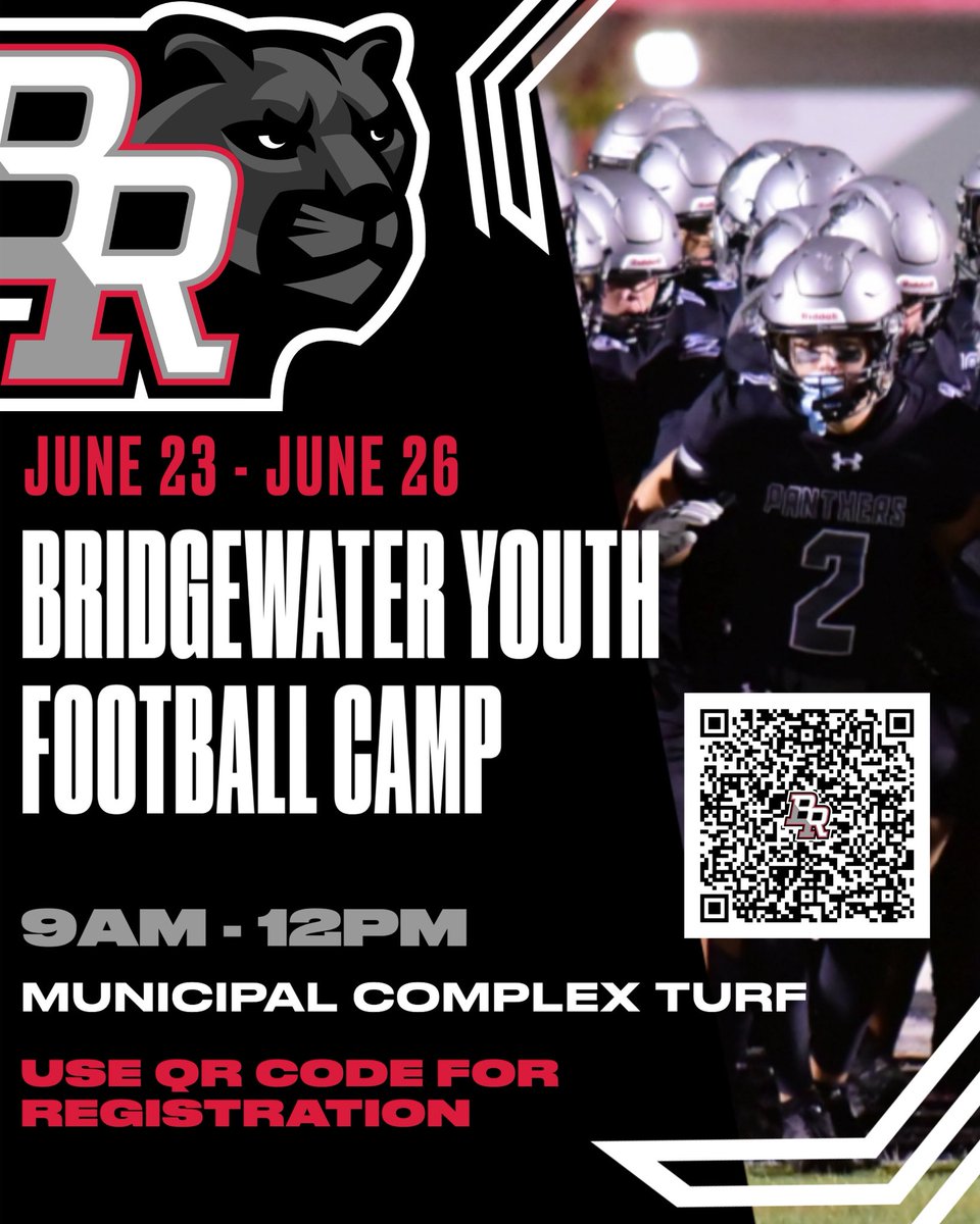 BRHSPantherFB (@brhspantherfb) on Twitter photo Excited to announce our first annual youth camp June 23rd-26th. Current players and staff will be working the camp. Can’t wait to meet and teach our future panthers!
If you haven’t already, sign up using the QR code in this post. #EAT Excited to announce our first annual youth camp June 23rd-26th. Current players and staff will be working the camp. Can’t wait to meet and teach our future panthers!
If you haven’t already, sign up using the QR code in this post. #EAT