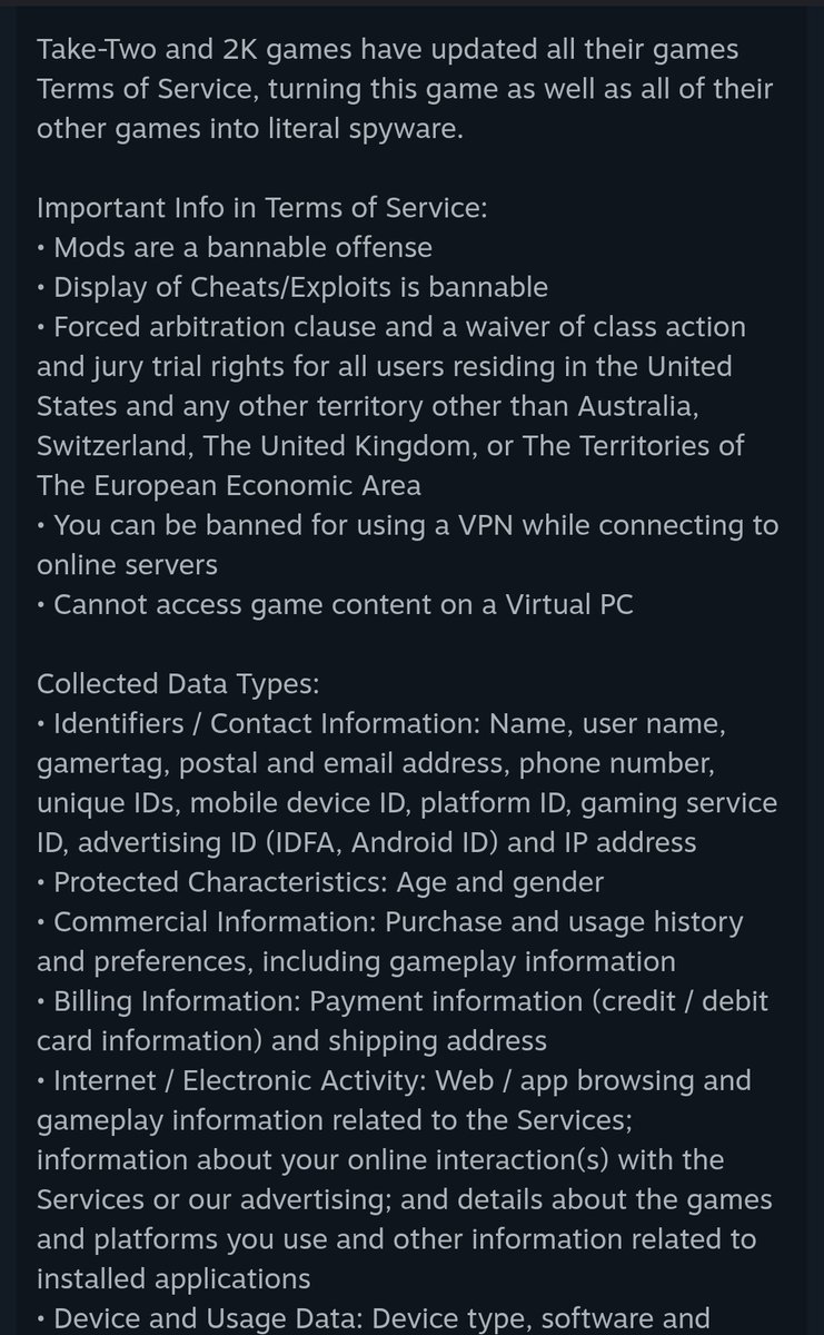 Luismi_13_10's tweet photo. @CultureCrave Dont play it, the new Terms of Service looks like spymalware. Share to everyone https://t.co/E25V0jRVx5