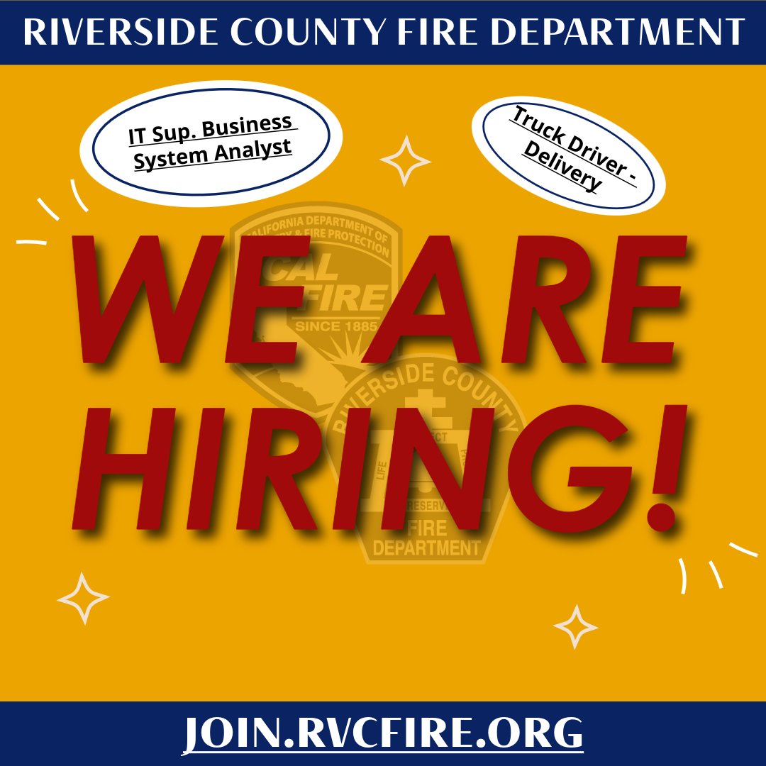 CAL FIRE/Riverside County Fire Department (@calfirerru) on Twitter photo Riverside County Fire Department is seeking qualified applicants to fill the following vacancies:
๐ฅ๐ฎ๐ฑ-๐ด๐ฒ๐ญ๐ญ๐ต-๐ฌ๐ฎโ ๐๐ ๐๐ช๐ฅ๐๐ง๐ซ๐๐จ๐๐ฃ๐ ๐ฝ๐ช๐จ๐๐ฃ๐๐จ๐จ ๐๐ฎ๐จ๐ฉ๐๐ข ๐ผ๐ฃ๐๐ก๐ฎ๐จ๐ฉ
(๐พ๐ก๐ค๐จ๐๐ฃ๐ ๐ฟ๐๐ฉ๐: ๐ฌ๐ฒ/๐ฌ๐ฒ/๐ฎ๐ฌ๐ฎ๐ฑ)
๐ฅ๐ฎ๐ฑ-๐ญ๐ฑ๐ด๐ฏ๐ฎ-๐ฌ๐ญโ ๐๐ง๐ช๐๐ Riverside County Fire Department is seeking qualified applicants to fill the following vacancies:
๐ฅ๐ฎ๐ฑ-๐ด๐ฒ๐ญ๐ญ๐ต-๐ฌ๐ฎโ ๐๐ ๐๐ช๐ฅ๐๐ง๐ซ๐๐จ๐๐ฃ๐ ๐ฝ๐ช๐จ๐๐ฃ๐๐จ๐จ ๐๐ฎ๐จ๐ฉ๐๐ข ๐ผ๐ฃ๐๐ก๐ฎ๐จ๐ฉ
(๐พ๐ก๐ค๐จ๐๐ฃ๐ ๐ฟ๐๐ฉ๐: ๐ฌ๐ฒ/๐ฌ๐ฒ/๐ฎ๐ฌ๐ฎ๐ฑ)
๐ฅ๐ฎ๐ฑ-๐ญ๐ฑ๐ด๐ฏ๐ฎ-๐ฌ๐ญโ ๐๐ง๐ช๐๐