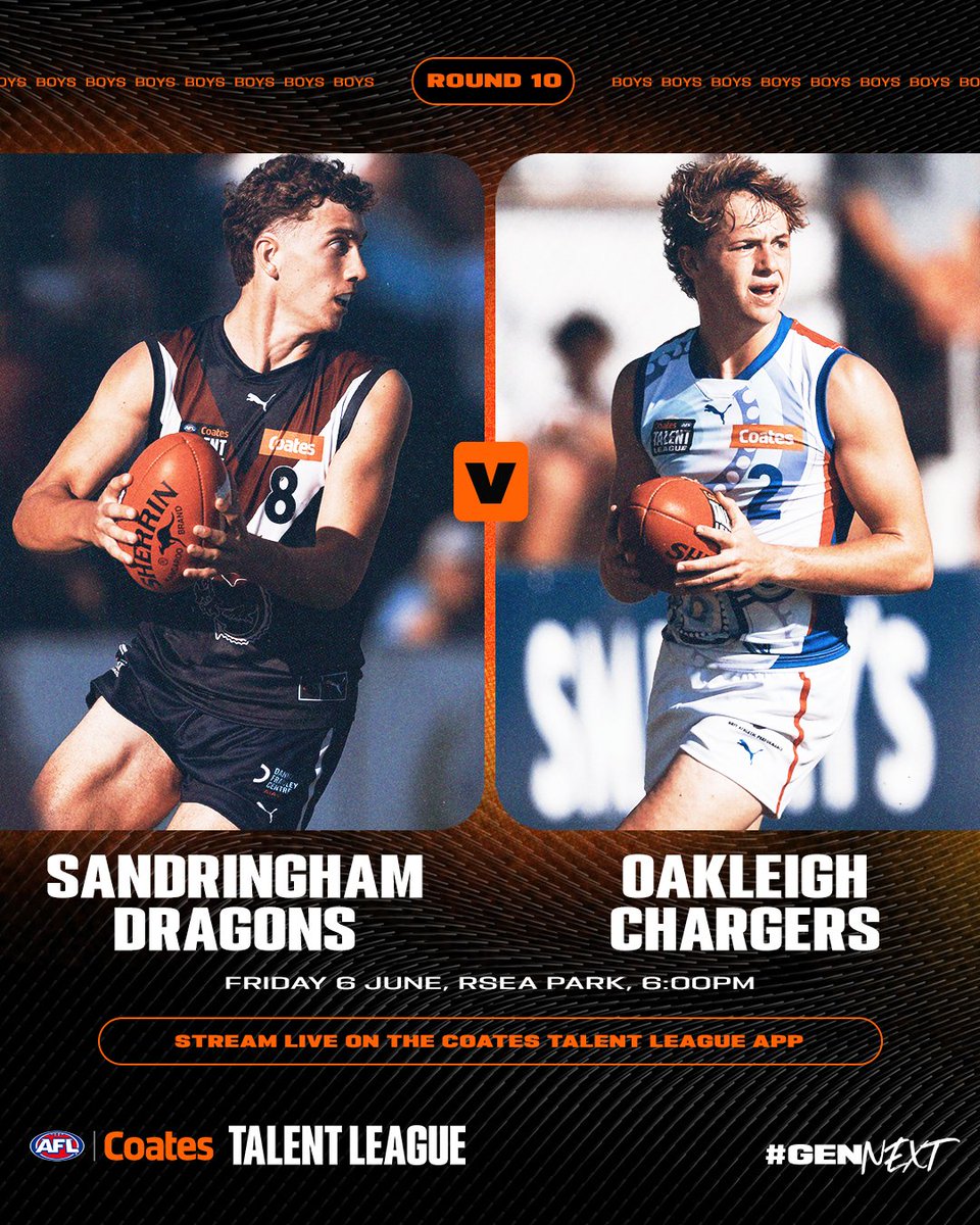 Coates Talent League (@talentleague) on Twitter photo It's <a href="/Sandy_Dragons/">Sandringham Dragons</a> against <a href="/OakleighCharger/">Oakleigh Chargers FC</a> in a standalone boys Round 10 match over the King's Birthday long weekend.
TEAMS ➡️ afl.com.au/news/1336160/t… It's <a href="/Sandy_Dragons/">Sandringham Dragons</a> against <a href="/OakleighCharger/">Oakleigh Chargers FC</a> in a standalone boys Round 10 match over the King's Birthday long weekend.
TEAMS ➡️ afl.com.au/news/1336160/t…