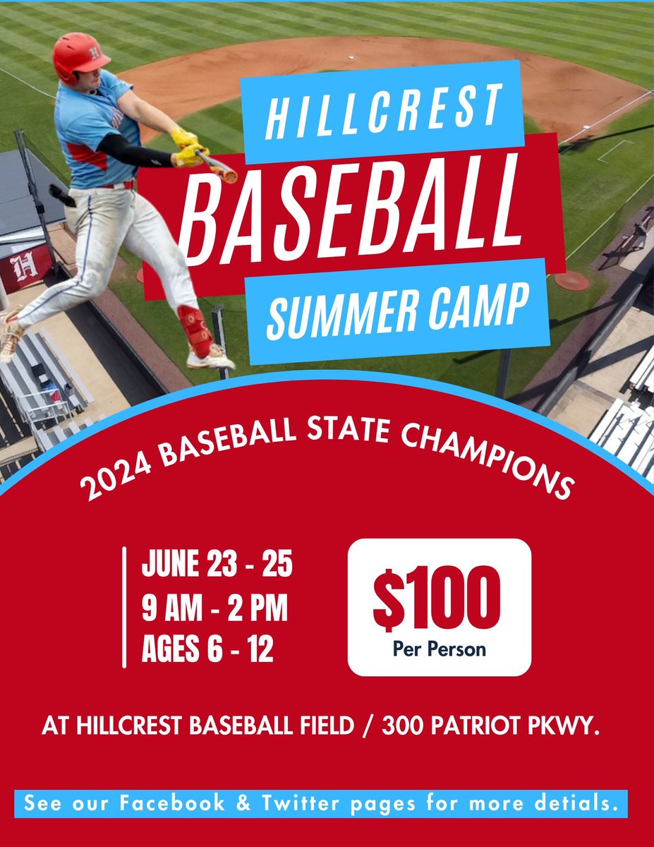 Baseball_Pats's tweet photo. Sign your kids up for one of the best weeks of the summer. This summer’s Youth Baseball Camp at Hillcrest will be June 23-25 from 9:00-2:00. Sign up below.

https://t.co/W11vm9DKRB https://t.co/YyoDDObt3d