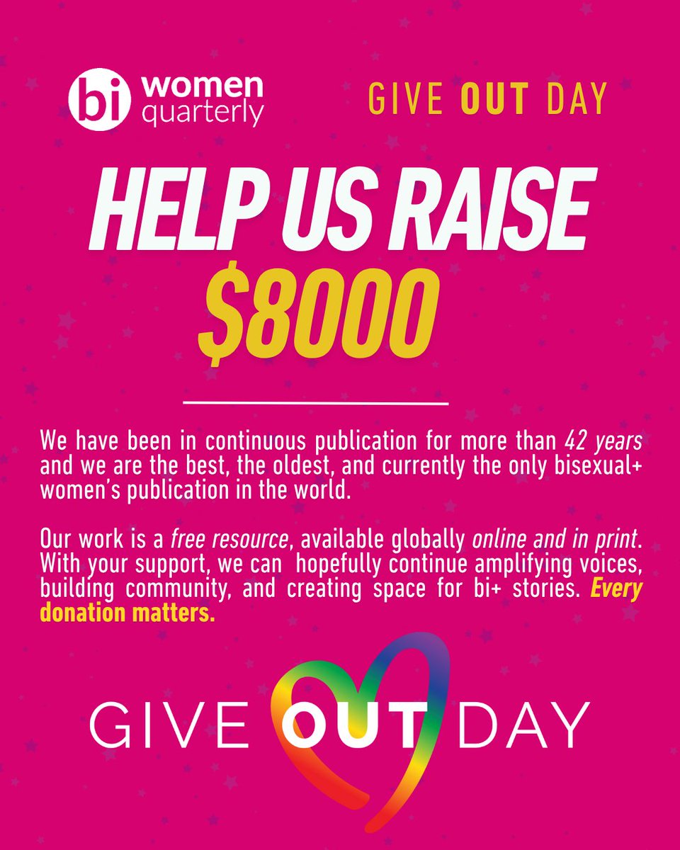 We're commited to staying accessible. Help us reach our goal and send BWQ out to thousands of readers, including individuals, college campuses, women’s centers, health care providers, and LGBTQ+ community centers. 🫂

Read more and donate on giveoutday.org/organization/B…
