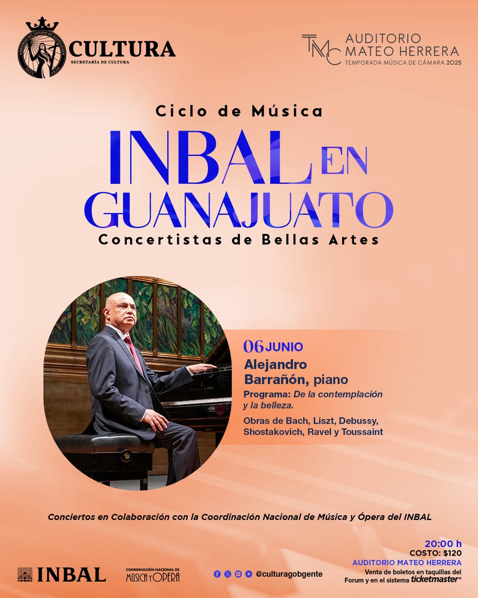#desdeelMateo
¡No te lo pierdas!
Mañana, 6 de junio a las 20:00 hrs, vive el recital de Alejandro Barrañón en el Auditorio Mateo Herrera.
🎹 Piano de alto nivel
🎟 Entrada general: $120
#GuanajuatoPotenciaCultural