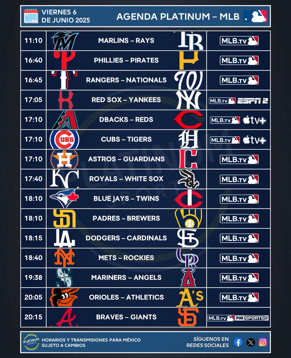 ¡VIERNES BEISBOLERO DE MLB!

⚾️ #AgendaPLATINUM - #MLB 
🗓️ Viernes 6 de Junio de 2025

⏰📺 Horarios y transmisiones para México 🇲🇽
⚠️ Sujeto a cambios.