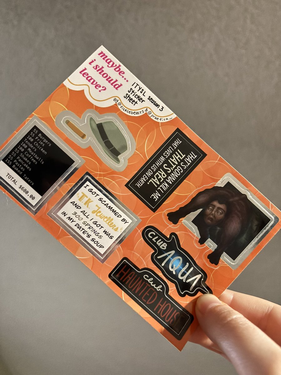 ficklebeasts's tweet image. FOUR (4) #ITYSL #IThinkYouShouldLeave sticker sheets left!! 4x6&quot;, 7 metallic stickers, comes with a bonus paper mystery sticker 👀
ko-fi.com/ficklebeasts/s…