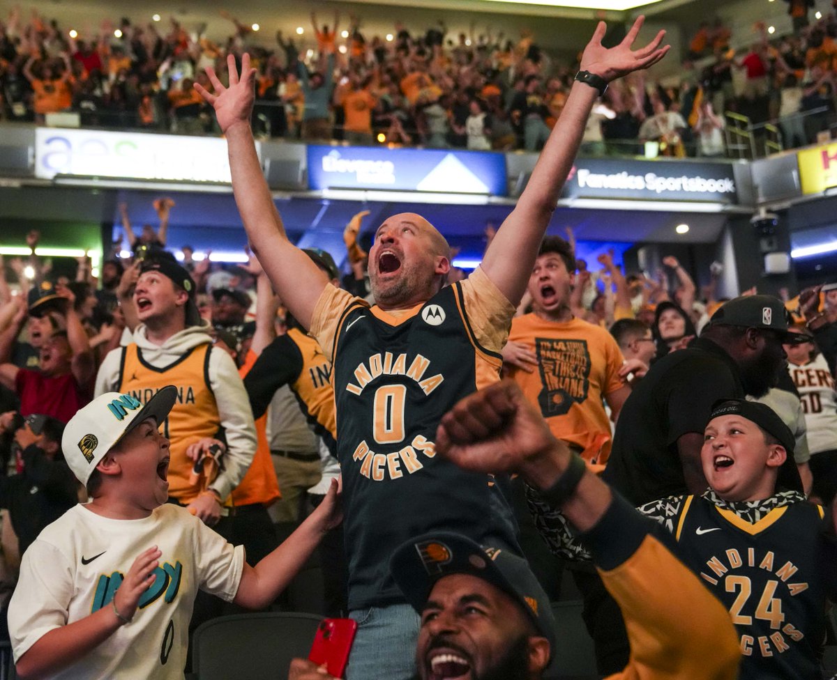 Fans celebrate at Gainbridge Fieldhouse on Thursday, June 5, 2025, as the Indiana Pacers defeated the Oklahoma City Thunder, 111-110, in Game 1 of the NBA Finals.

Photos! indystar.com/picture-galler…