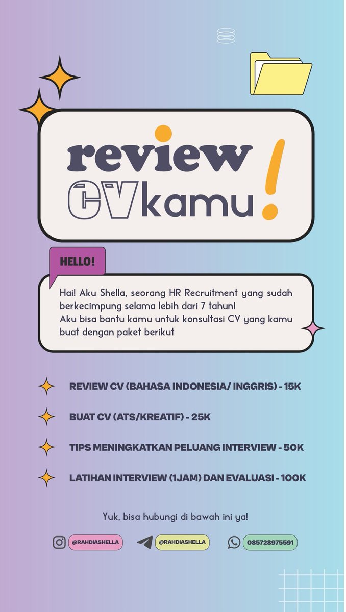 rahdiashella's tweet image. Freelance scoring psikotes, screening kandidat jobstreet, sama jasa review &amp;amp; buat CV + tips and trick interview nder yg mau langsung kontak aku yah! #reviewcv #tipscv #interview #jobseeker #loker #zonauang #freelance
