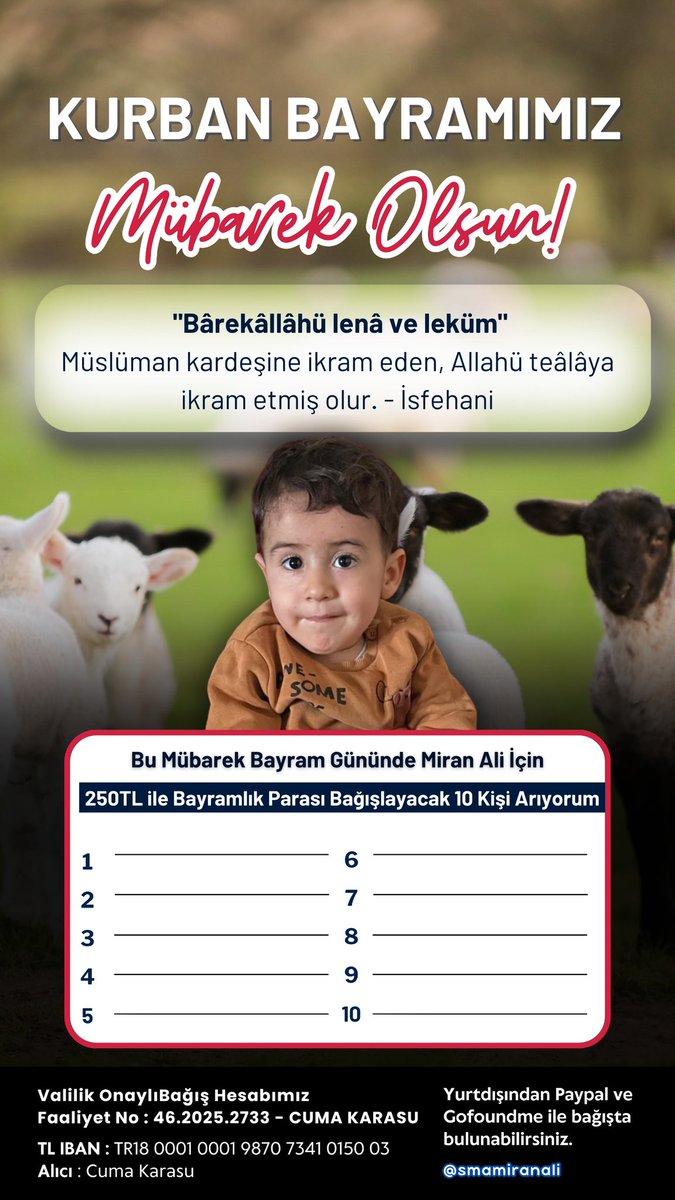 Kurban Bayramınız Mübarek Olsun 
Bu bayramda vereceğiniz harçlıklar ile bana nefes olabilirsiniz.

#MiranAliyeSesVer
#miranalikazanacak
#KurbanBayramı
"Rayan Cherki"
İbrahim
#radar Haliburton
Epstein Indiana