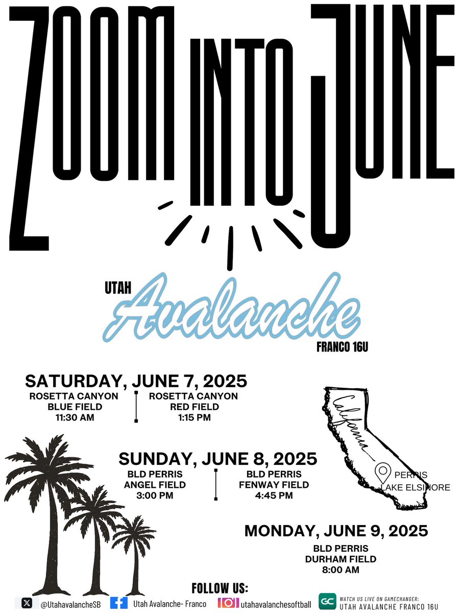 🌴ZOOM INTO JUNE🌴
📆 JUNE 7•8•9
📍LAKE ELSINORE &amp; PERRIS, CA
👀 COME SEE US OR FOLLOW ON GAMECHANGER 

#iplaytcs 
#zoomintojune 
#triplecrown 
#utahavalanchesoftball