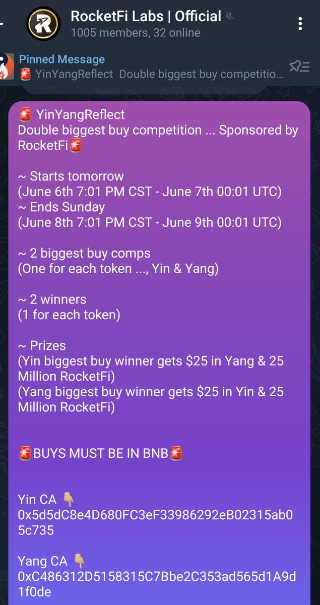 Wanna #win some #YinYang &amp; #RocketFi tokens?

Be the biggest buyer in one or both of our Biggest buy competitions
Sponsored by <a href="/RealRocketFi/">RocketFi</a>

Starts (UTC): 2025-06-07 00:01:00
Ends (UTC): 2025-06-09 00:01:00

#Winners get $25 Yin or Yang &amp; 25MiL RocketFi

t.me/YinYangPortal
