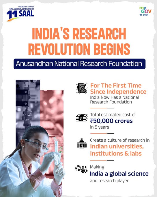 airnews_vja's tweet image. 🔹అనుసంధాన్ నేషనల్ రీసెర్చ్ ఫౌండేషన్ తో భారతదేశ పరిశోధన విప్లవం ప్రారంభం.
🔹స్వాతంత్య్రం తర్వాత మొదటిసారిగా, భారత్ ఇప్పుడు నేషనల్ రీసెర్చ్ ఫౌండేషన్‌ను కలిగి ఉంది.

#11YearsOfYuvaShakti #ANRFIndia