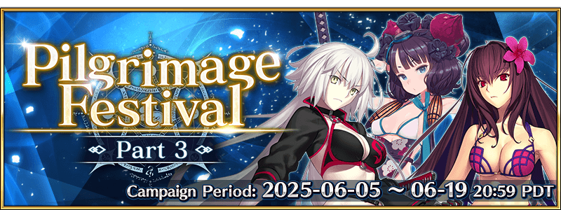 "Pilgrimage Festival: Part 3" has begun! Acquire any of the three featured Distributed Servants using Leaves of Evocation, enjoy a Commemorative Special Daily Login Bonus, and more!

More info ➡️ fate-go.us/news/?category…
#FateGOUSA