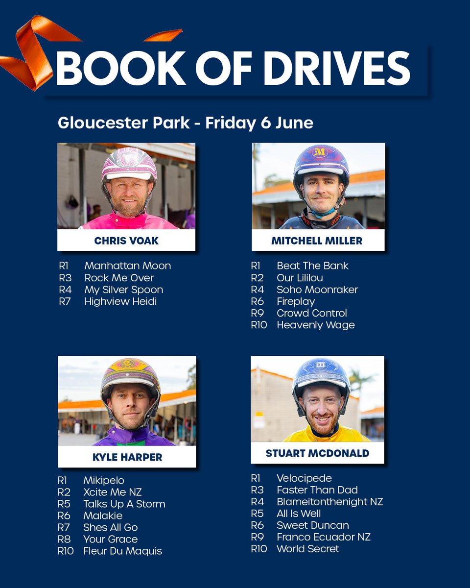 Racing WA - Harness (@racingwaharness) on Twitter photo We head to Gloucester Park tonight for another bumper 10 race card, with the $30,000 Pure Steel (race 4) set to jump at 6.57pm.
Tonight we follow Chris Voak, Mitchell Miller, Kyle Harper and Stewie McDonald, who are you following?
<a href="/GloucesterPark/">Gloucester Park</a> We head to Gloucester Park tonight for another bumper 10 race card, with the $30,000 Pure Steel (race 4) set to jump at 6.57pm.
Tonight we follow Chris Voak, Mitchell Miller, Kyle Harper and Stewie McDonald, who are you following?
<a href="/GloucesterPark/">Gloucester Park</a>