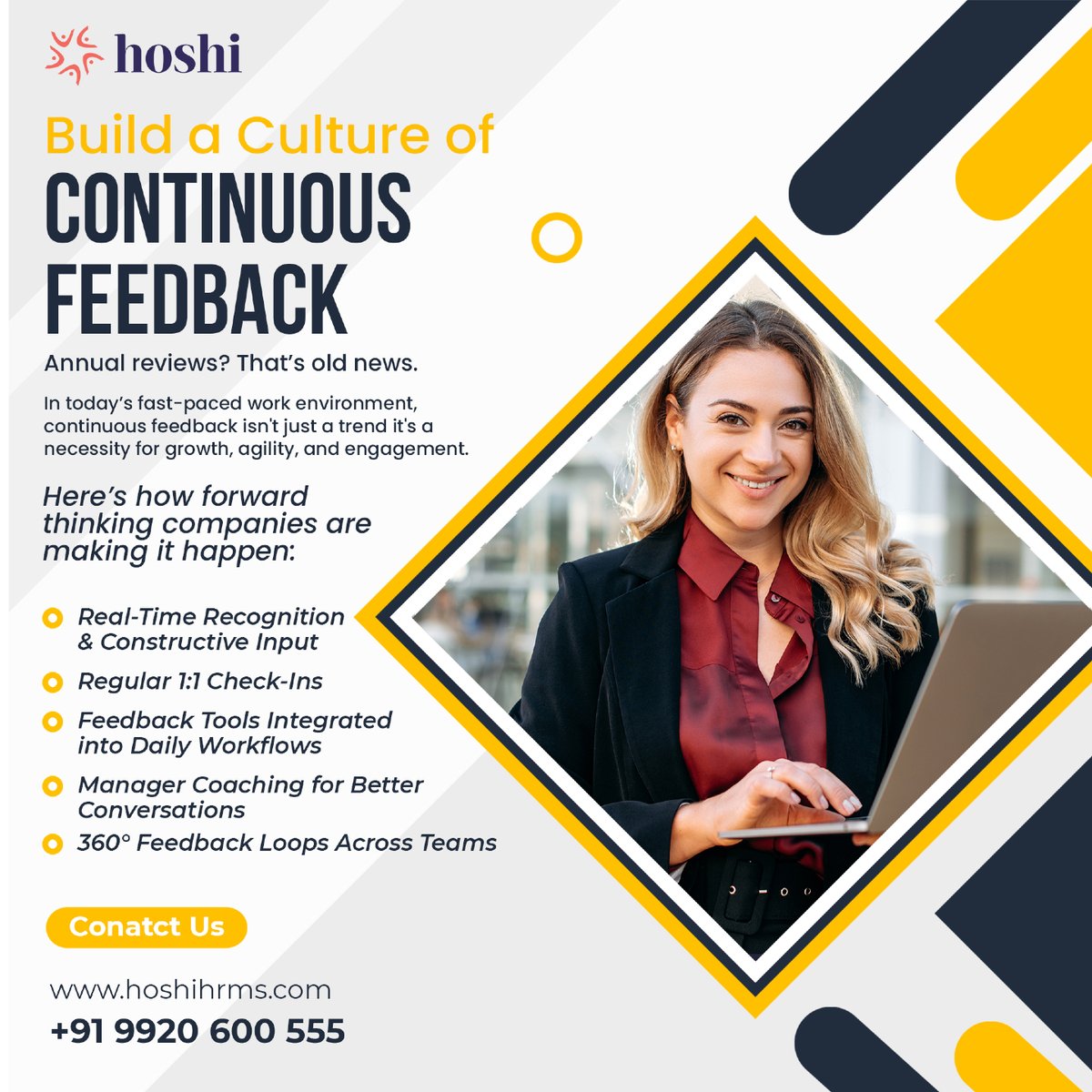 hoshihrms's tweet image. 💬 Ditch the annual review cycle—embrace a culture of continuous feedback!
Modern teams thrive on real-time input, regular check-ins, and open conversations.

#ContinuousFeedback #EmployeeEngagement #ModernWorkplace #PeopleFirst #hoshihrms