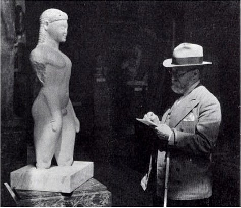 VeraCausa9's tweet photo. The poet George Seferis once said: "There is no parthenogenesis in Art." i.e. "originality" This 1932 photo of Henri Matisse sketching a Greek Kouros (6th c. BC) illustrates the continuity of Western art seeking the re-presentation of the human form from naturalistic to abstract. https://t.co/eYpLddVvCD
