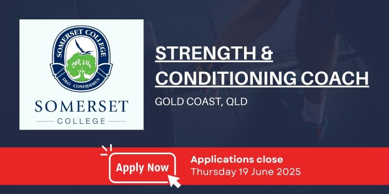 Fantastic opportunity to join Somerset College on the Gold Coast as a full-time Strength and Conditioning coach.

To be successful you must hold a current ASCA accreditation 
Applications close at 9 am on Thursday 19 June 2025
Apply via lnkd.in/gBA4f63S