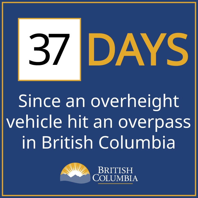 It has been 37 days since the last overheight vehicle hit a BC Overpass.

Lower Mainland Incidents YTD: 12

BC Incidents YTD: 14

Previous Record - 2 HOURS

Longest Record - 79 Days

BONUS: It has been PENDING INFORMATION days since Chohan last hit an Overpass.