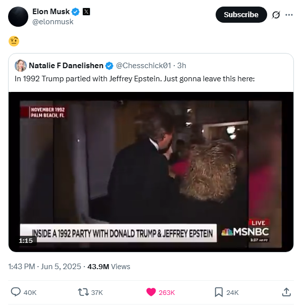 EdisonHamilton7's tweet image. ELON reposted Trump partied with Jeffrey Epstein In 1992🔥

BUT

TRUMP ON MUSK: "You saw a man who was very happy when he stood behind the Oval desk, even with a black eye" 
 "Elon &amp;amp; I had a great relationship. I don't know if we will anymore"

Trump is the best President ever✊