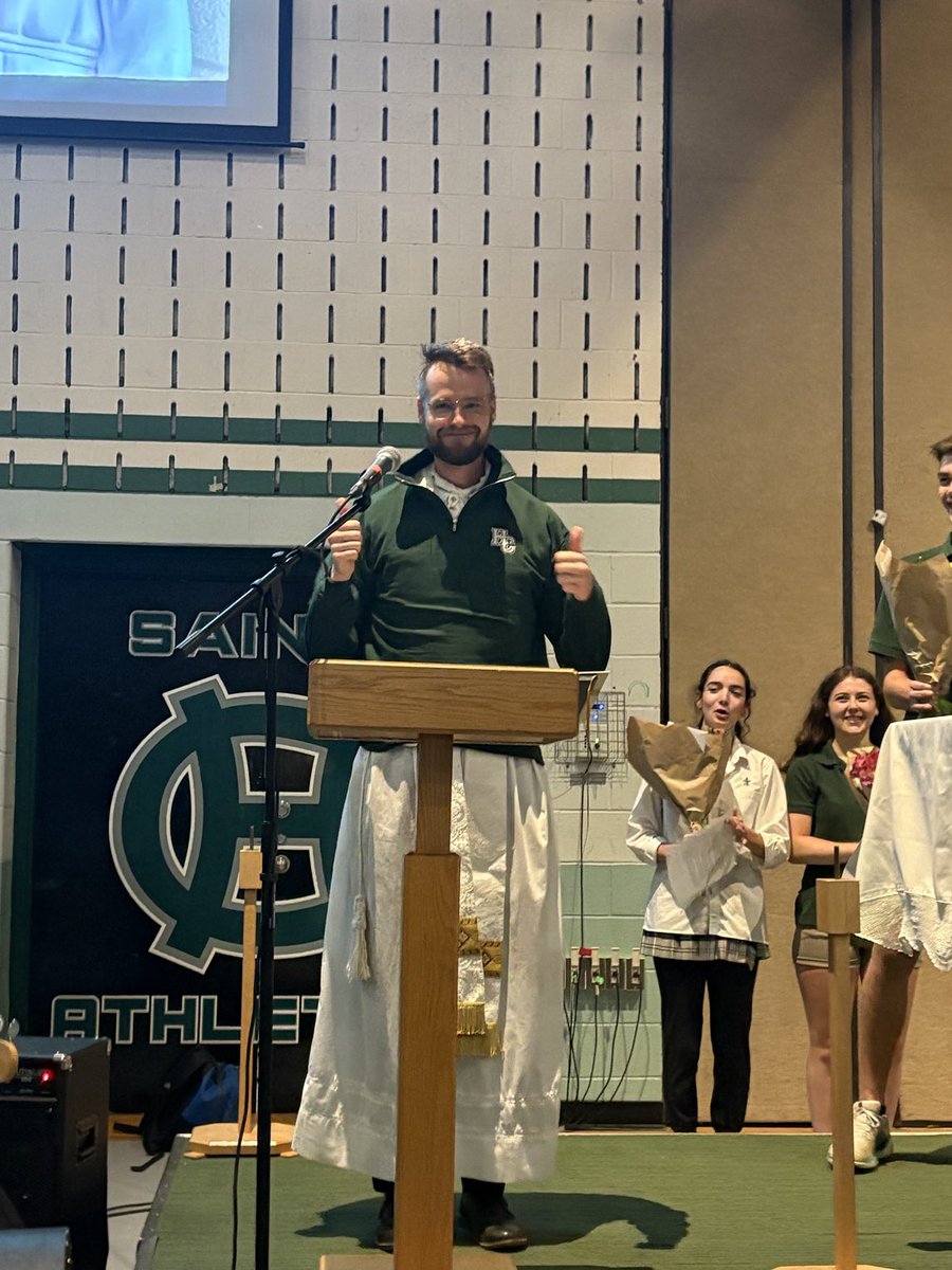 terrianndaniel's tweet image. Thankful for these two departing staff - Fr. Quenneville looks good in HC green after all & Ms. Goodberry told everyone it’s a “see you later.” We hope so, Ms. G, but in the meantime all the best at RND!