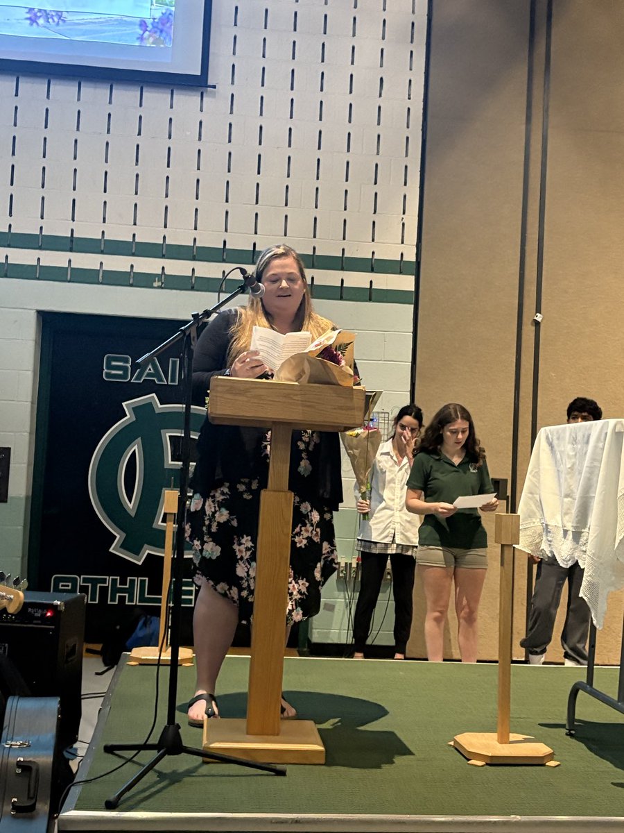 terrianndaniel's tweet image. Thankful for these two departing staff - Fr. Quenneville looks good in HC green after all & Ms. Goodberry told everyone it’s a “see you later.” We hope so, Ms. G, but in the meantime all the best at RND!